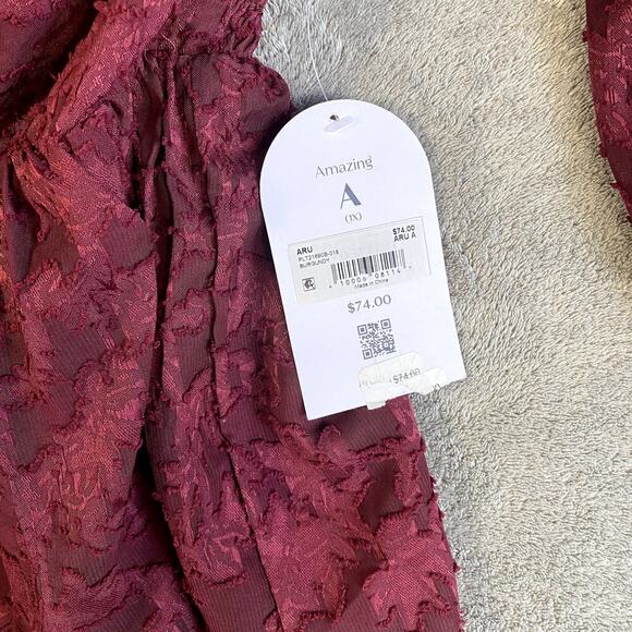 Arula Burgundy Lace Bishop Sleeve Top Women's XL NWT Boho Cottagecore Milkmaid - Picture 3 of 10